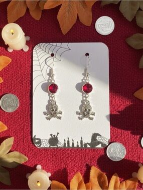 New Handmade Silver-Tone Skull & Cross Bones Dangle Earrings with Blood Red Gem